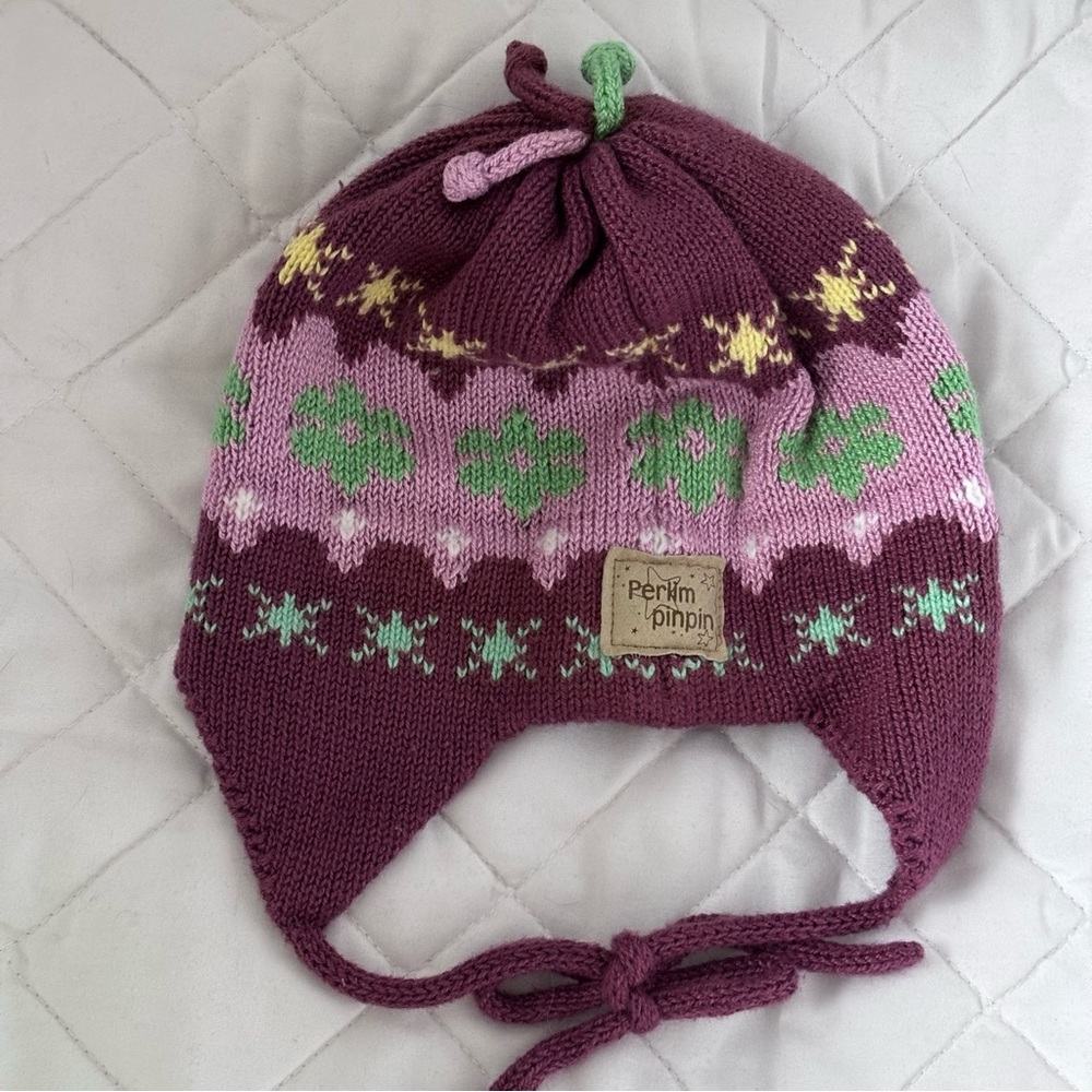 🌸 24-30M Perlimpinpin Purple Fushcia Knit Hat Floral bowtie Warm Spring colorful